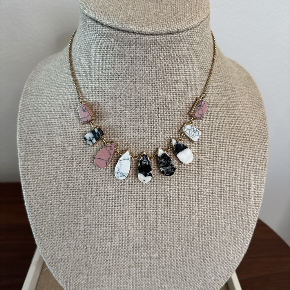 Ann Taylor LOFT gold-tone statement necklace with white, black and pink stones